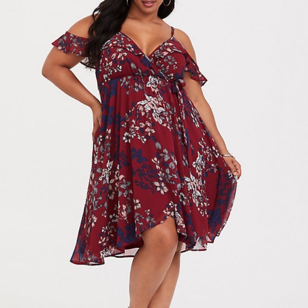 Torrid Burgundy Floral Cold Shoulder Dress